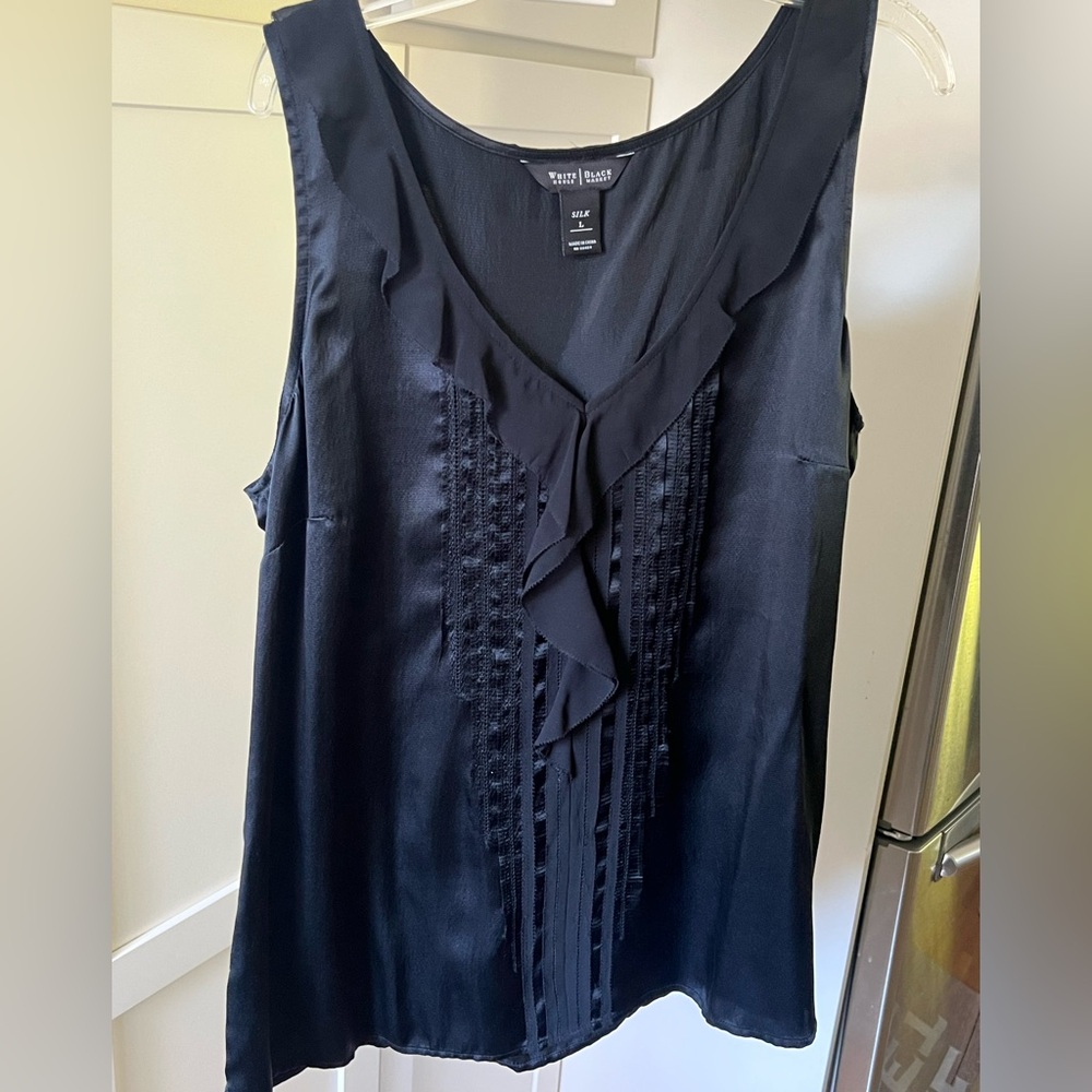 NWOT White House Black Market Ruffled Black Top L